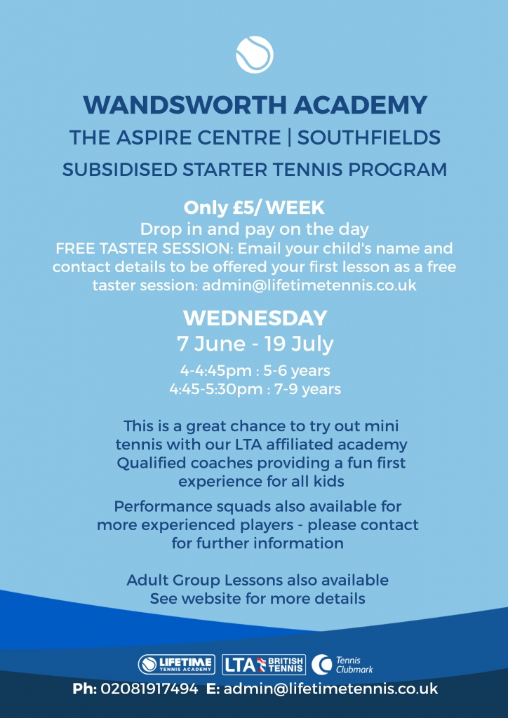 Southfields Junior Free Tennis Tasters (3) Life Time Tennis London, UK